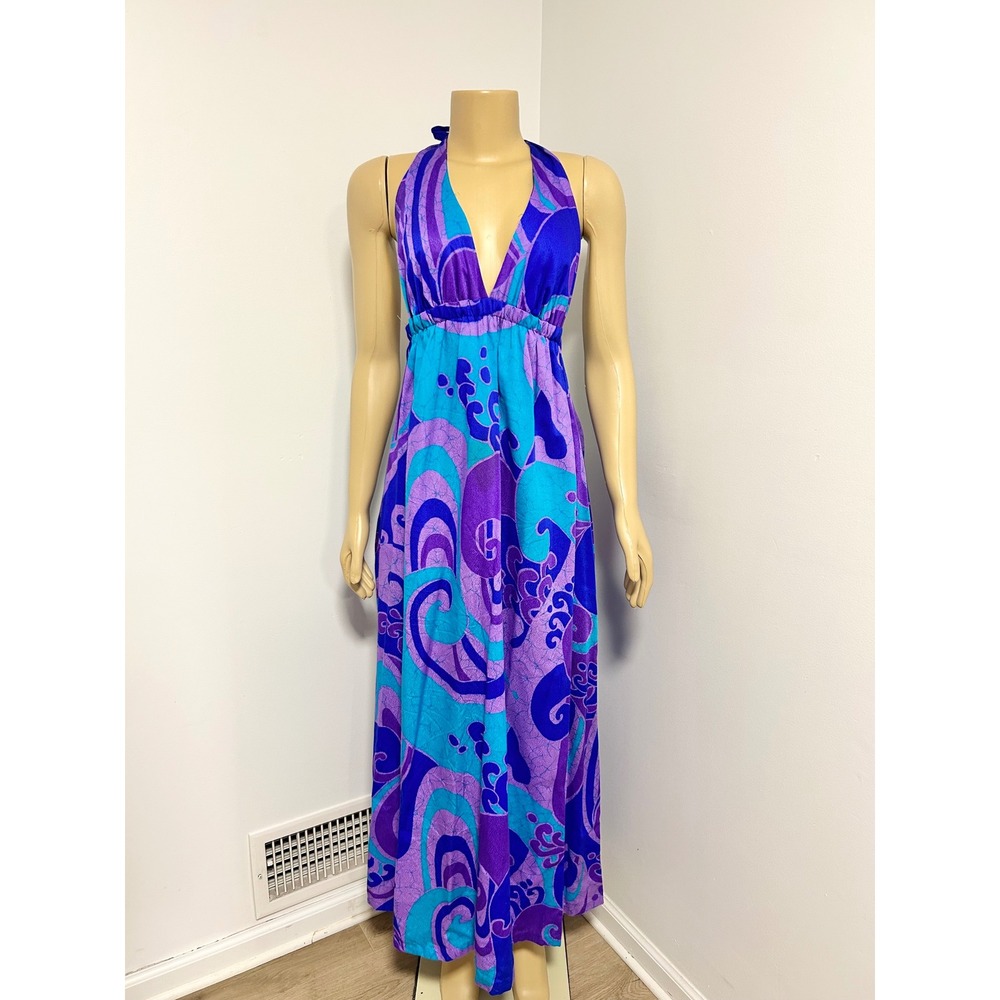 Vintage Two Potato Laguna Beach Halter Maxi Dress Purple Blue Psychedelic 70s M